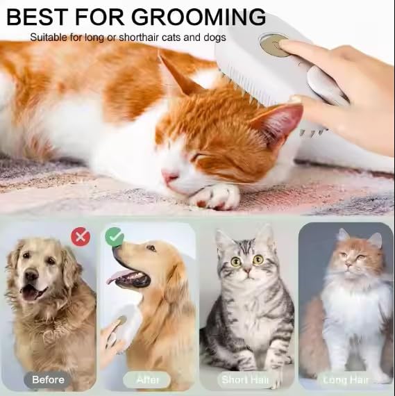3-in-1 Steam Pet Brush for Cats & Dogs โ Self-Cleaning Grooming Comb with Spray Mist, Massage & Shedding, Rechargeable USB, Anti-Static, Foldable Handle (TAN)