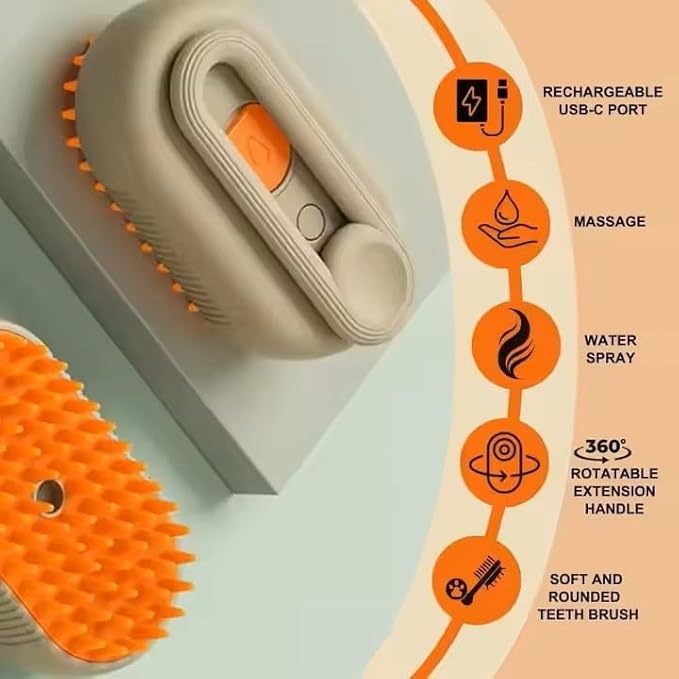 3-in-1 Steam Pet Brush for Cats & Dogs โ Self-Cleaning Grooming Comb with Spray Mist, Massage & Shedding, Rechargeable USB, Anti-Static, Foldable Handle (TAN)