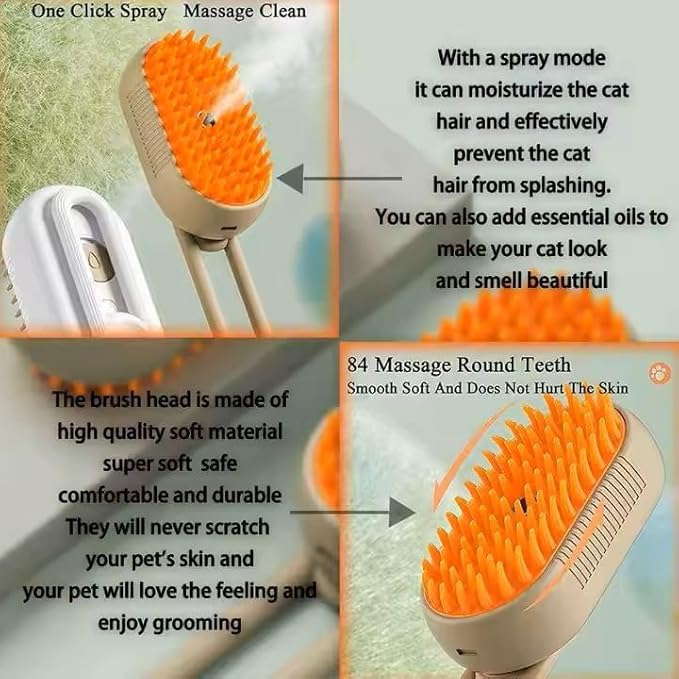3-in-1 Steam Pet Brush for Cats & Dogs โ Self-Cleaning Grooming Comb with Spray Mist, Massage & Shedding, Rechargeable USB, Anti-Static, Foldable Handle (TAN)
